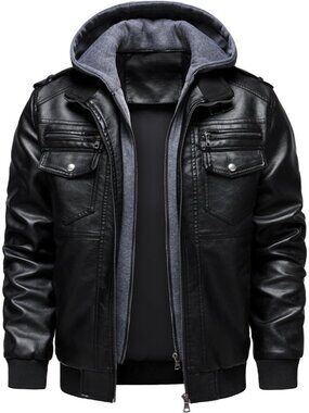 Men's Faux Leather Hooded Jacket Motorcycle Jackets Water Repellent Windproof PU